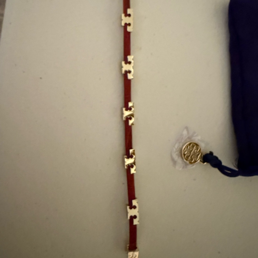 Tory Burch Red Leather Bracelet with Gold Logo Accents - Picture 4 of 5